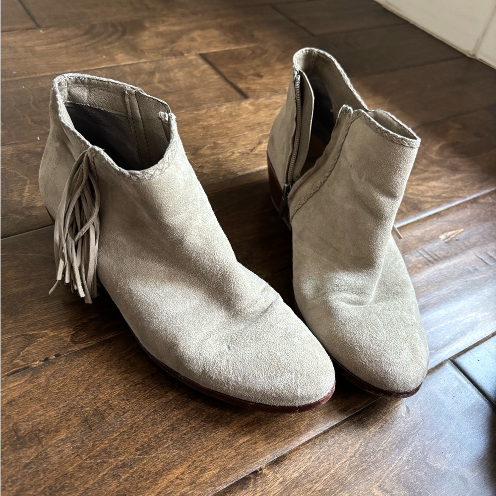 San Edelman Fringe Ankle Boots in Taupe
